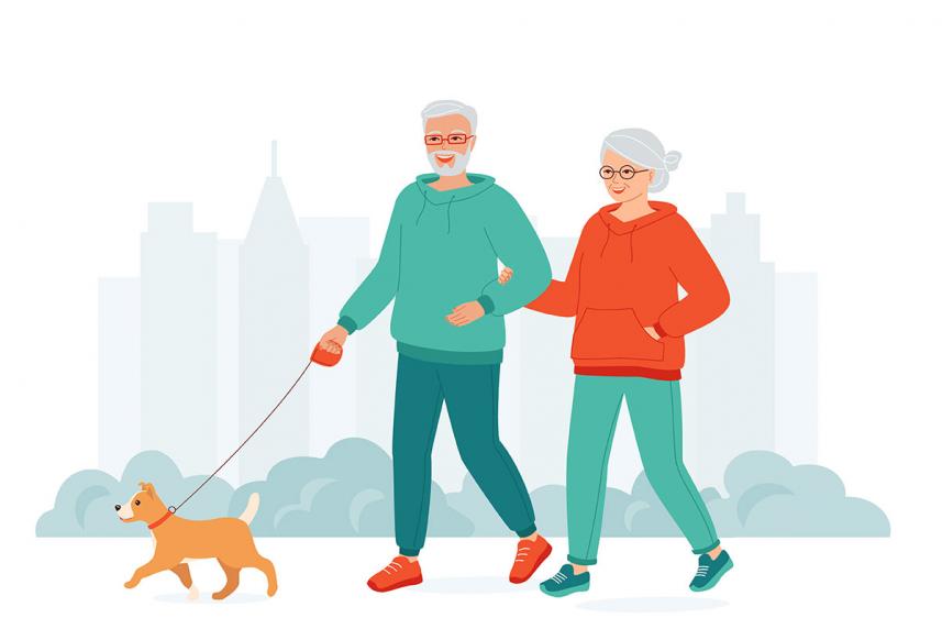 Illustration of couple walking dog